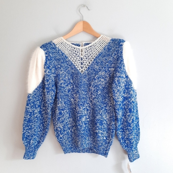 White & Blue Vintage Fuzzy Sleeve Knit Sweater - Picture 1 of 4